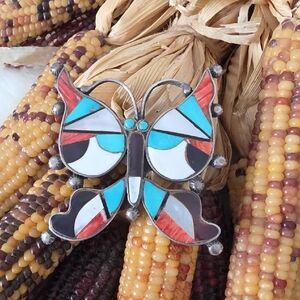 Fantastic Vintage Native American Zuni Inlaid Gemstone Butterfly Brooch 🩵🦋🖤❤️
